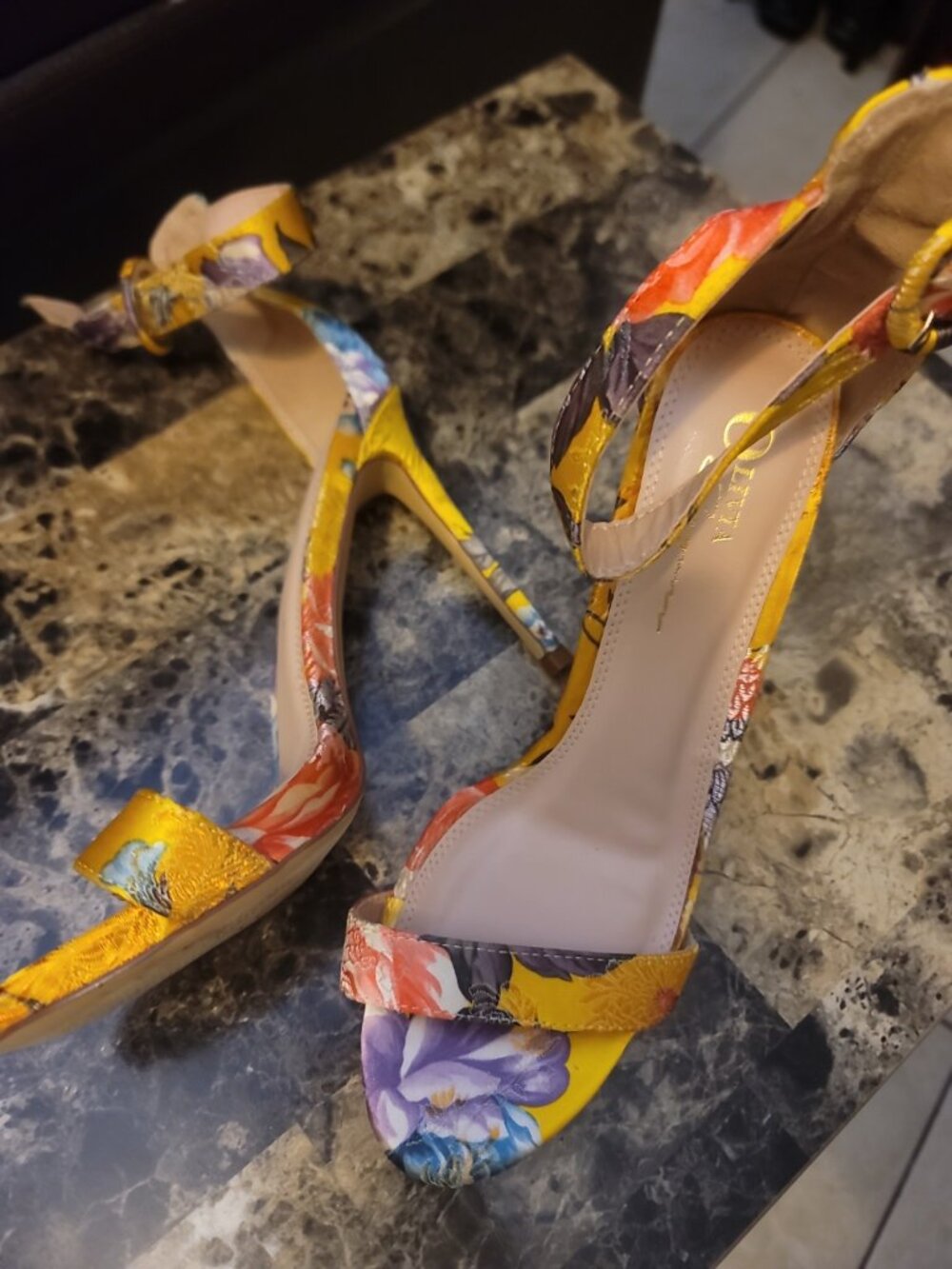 Olivia Miller Women's Size 9 Floral Ankle Strap Stiletto Heels Yellow Open Toe